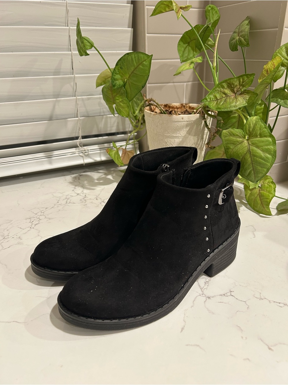 Bzees Black Suede Ankle Booties with Stud Accents